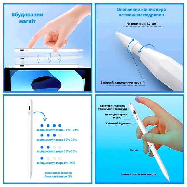 Активний стілус Android IOS Windows для iPad Huawei Xiaomi універсальний білий/чорний. Лист, малювання, нотатки. Бездротовий. Робочий час:4-8 год. Запасні наконечники. Сертифіковано RoHS. - 1 фото товару
