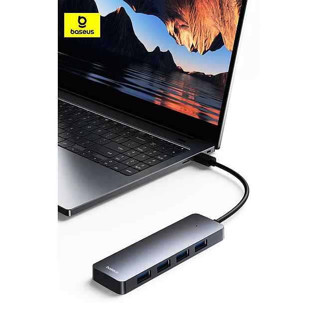 Baseus USB 3.0 хаб чотири порти 5Гбіт/с, компактний сірий хаб, для Windows OS. - 1 фото товару