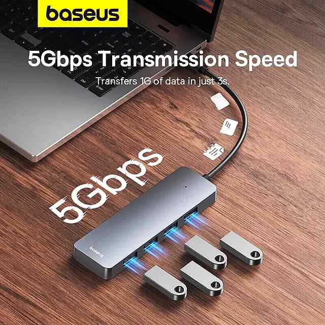 Baseus USB 3.0 хаб чотири порти 5Гбіт/с, компактний сірий хаб, для Windows OS. - 3 фото товару