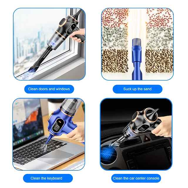 Бездротовий компресор 2-в-1: повітродувка пилосос, акумулятор 3000 мАг, CE сертифікат. Зарядка Type-C. Насадки, щітки. Комплект поставки. Купити в Україні. - 3 фото товару