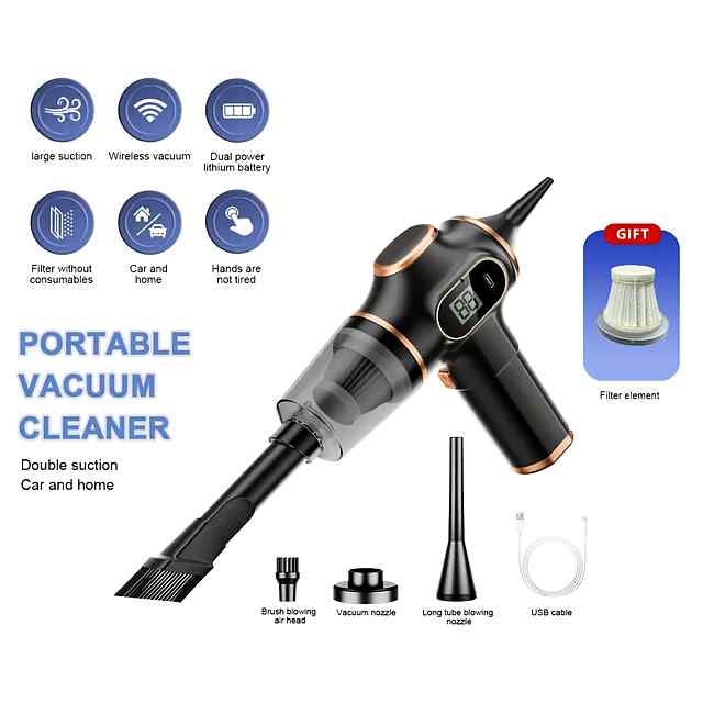 Компресор 2-в-1: Пилосос/Повітродувка, акум. 3000 мАг, CE сертиф., Type-C з/у, насадки та фільтр в комплекті.