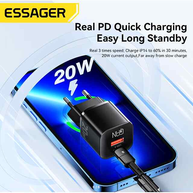 Essager 20 Вт GaN USB Type-C Зарядний пристрій, Швидка зарядка - 3 фото товару