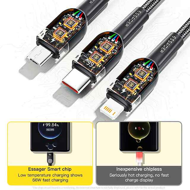Кабель USB Essager 3в1 Type-C/MicroUSB/Lightning 66W 1.2м для смартфонів iPhone та Android - 1 фото товару