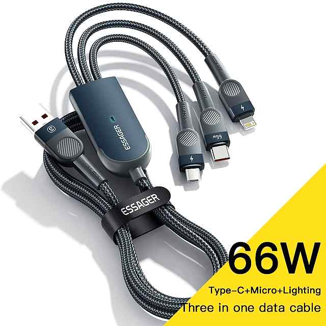 Кабель USB Essager 3в1 Type-C/MicroUSB/Lightning 66W 1.2м для смартфонів iPhone та Android - 3 фото товару