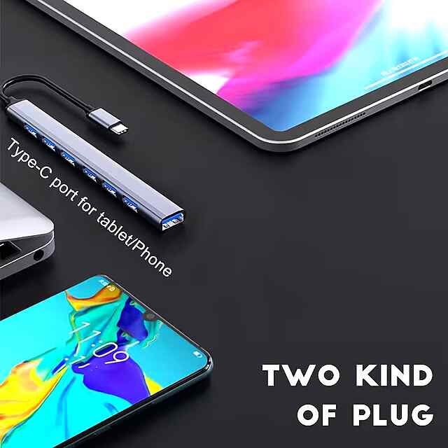 Хаб USB Type-C 3.0 7x USB-A 3.0 розширення для MacBook/ПК з алюмінієвим корпусом. - 1 фото товару