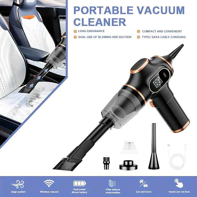 Компресор-пилосос 2в1, бездротовий, акум. 3000 мАг, CE, комплект насадок. - 3 фото товару