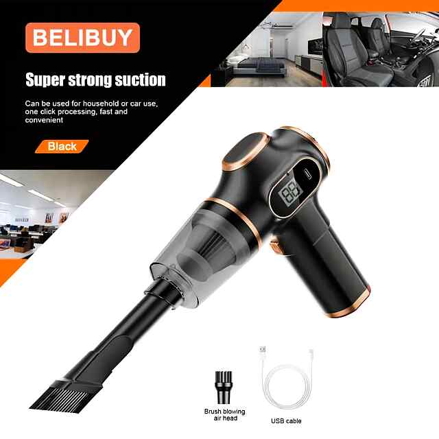 Бездротовий компресор-пилосос 3000 мАг, CE сертифікат, двигун 45000 об/хв, Type-C заряджання. Комплект: насадки та аксесуари. Розмір: 18*15*6 см.