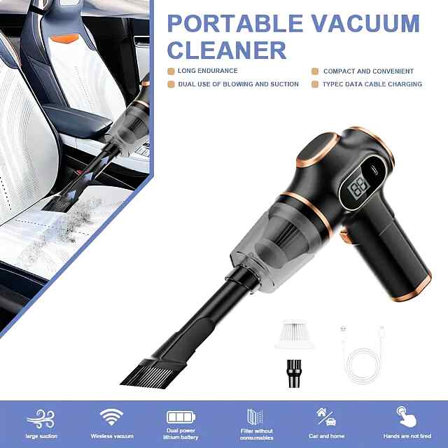 Портативний компресор-пилосос 3000 мАг, бездротовий Type-C CE 18х15х6 см. Комплект: насадки, фільтр, зарядний кабель. Україна. - 2 фото товару