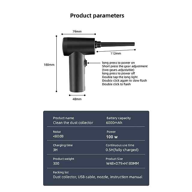 Потужний бездротовий очищувач: перезаряджається, 3 режими, LED, багатофункц - 1 фото товару