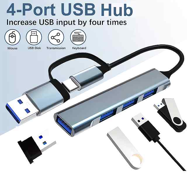 SlimUSB Type-C USB хаб - 4 порти (3xUSB2.0   USB3.0) для ноутбуків, ПК, PS/Xbox
