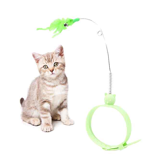 Силіконовий іграшковий нашийник для котів з пір'ям. Зелений колір. Ручна робота. Мисливський інстинкт.