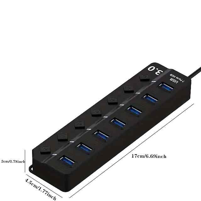 USB 7-портовий хаб з LED перемикачами для ноутбуків та ПК, чорний - 1 фото товару