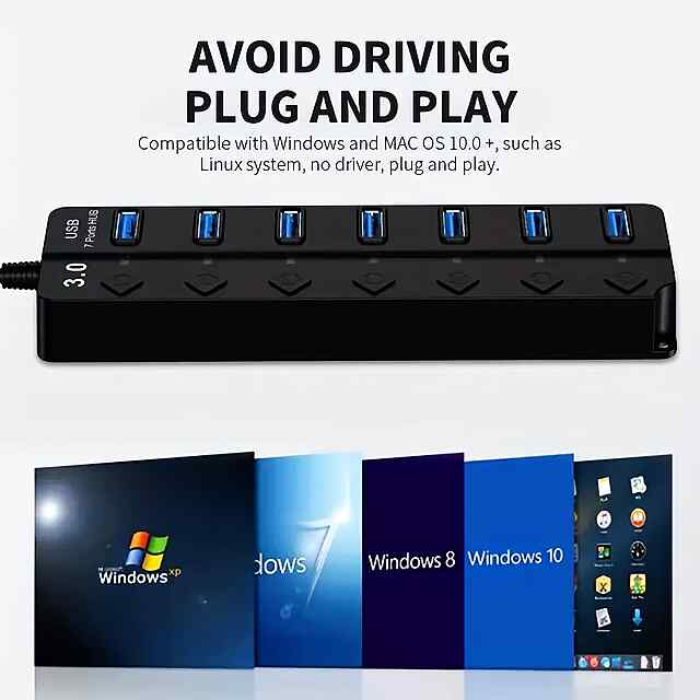 USB 7-портовий хаб з LED перемикачами для ноутбуків та ПК, чорний - 3 фото товару