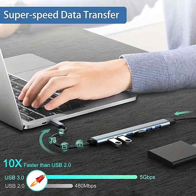 USB-C хаб 7x USB A 3.0 Type C - для ноутбука, ПК, розширення портів - 3 фото товару