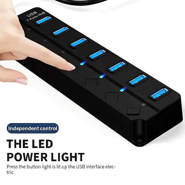 USB хаб 7 портів - перемикачі LED   живлення від ПК/зовн джерела (120 см) - 2 фото товару