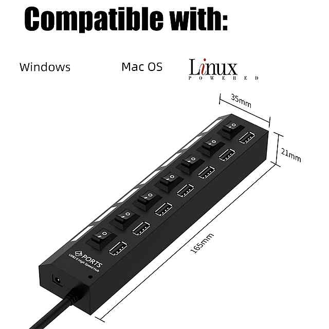 USB Хаб 7 портів, Висока швидкість, Type A, PlugPlay, для ПК та ноутбука. Чорний - 2 фото товару