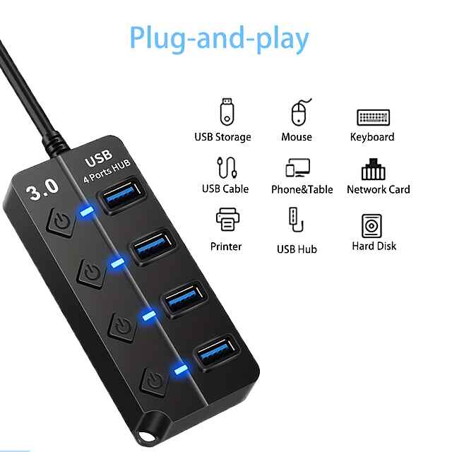 USB хаб на 4 порти - швидкий USB3 USB2 хаб з вимкненнями LED