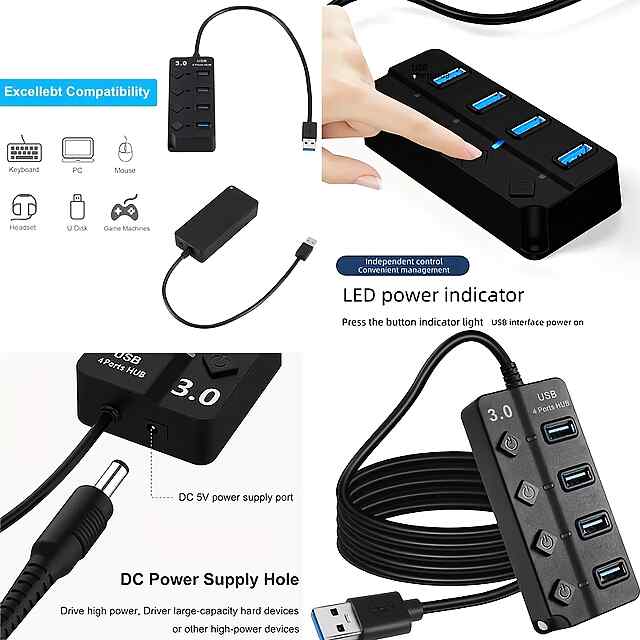 USB хаб на 4 порти - швидкий USB3 USB2 хаб з вимкненнями LED - 1 фото товару