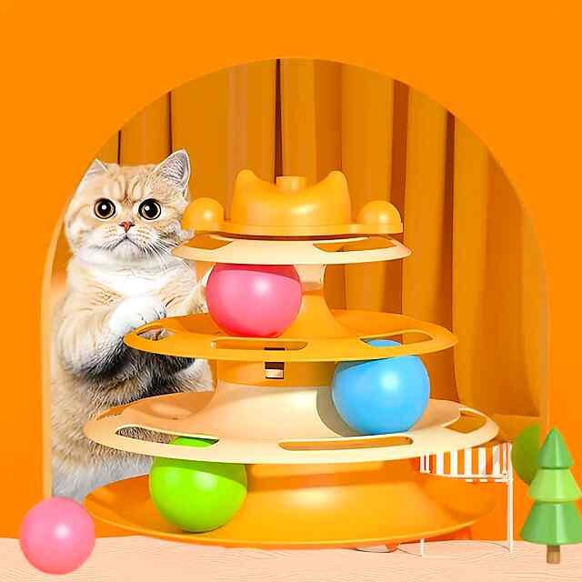 Вежа-іграшка 3 рівня для активних котів з м'ячиками та пір'ям