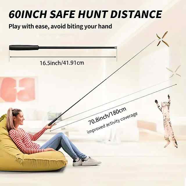 Інтерактивна вудка для котів з пір'ям 180 см, активна гра з ручкою