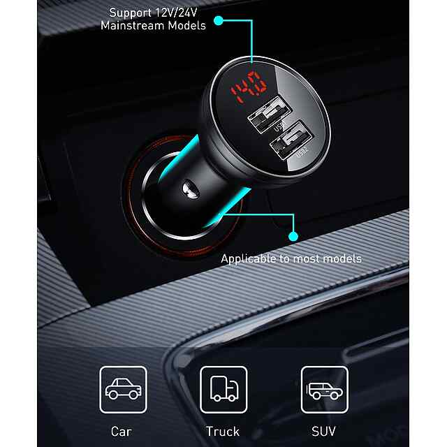 Зарядний пристрій Baseus USB LED дисплей 4.8А 24Вт для iPhone Xiaomi авто - 1 фото товару